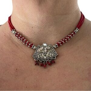 Tribal Multi Strand Beaded chocker Necklace With Ornate Silver Toned Pendant